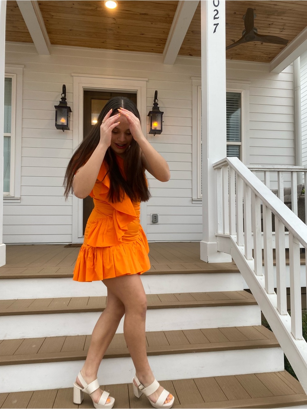 Bright Orange Ruffle Mini Dress - Womens